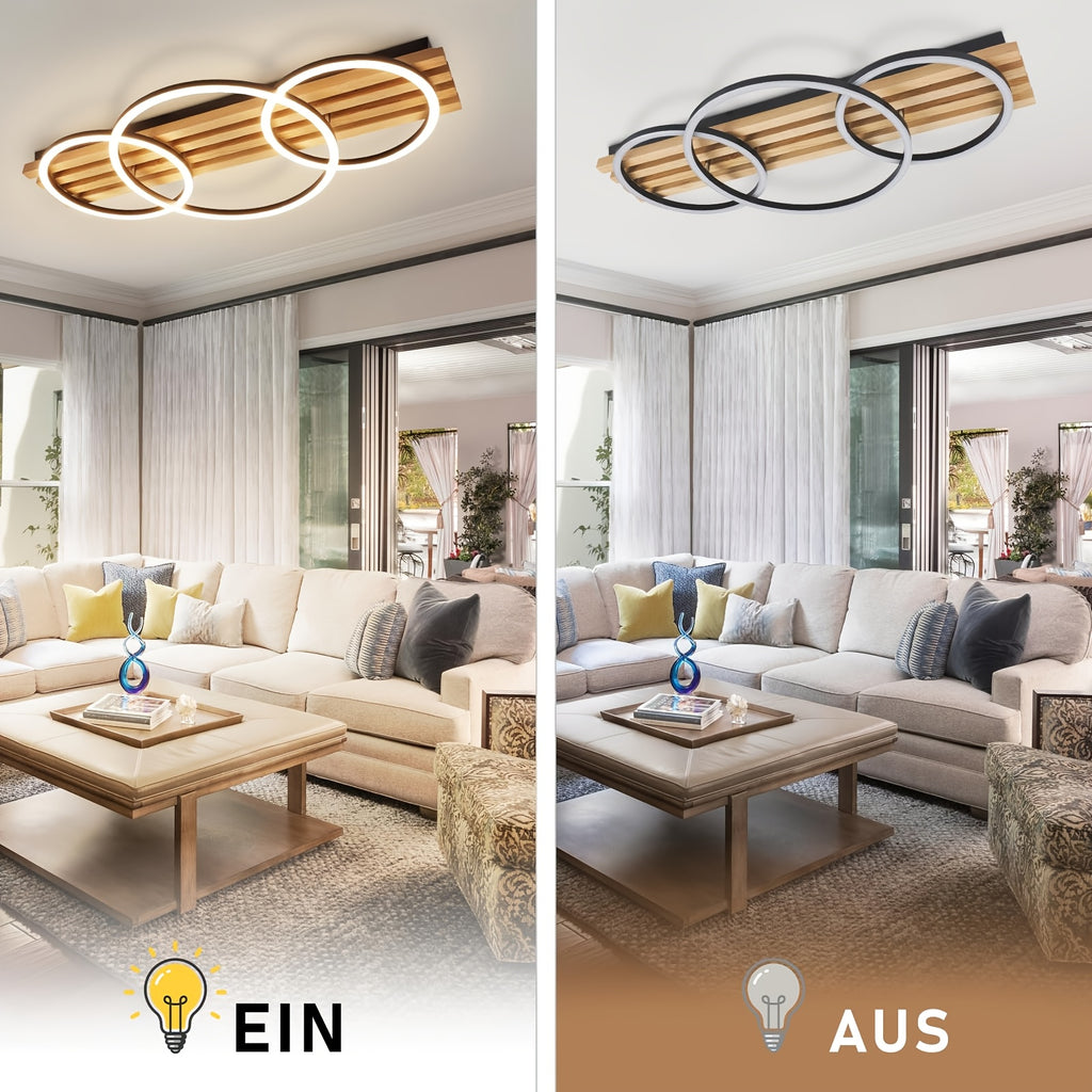 Plafonnier LED en bois à trois anneaux, 70 cm, avec télécommande