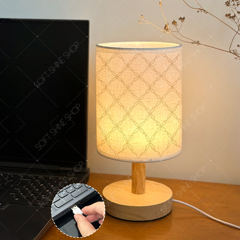 Lampe de table en tissu à motif géométrique, socle effet bois
