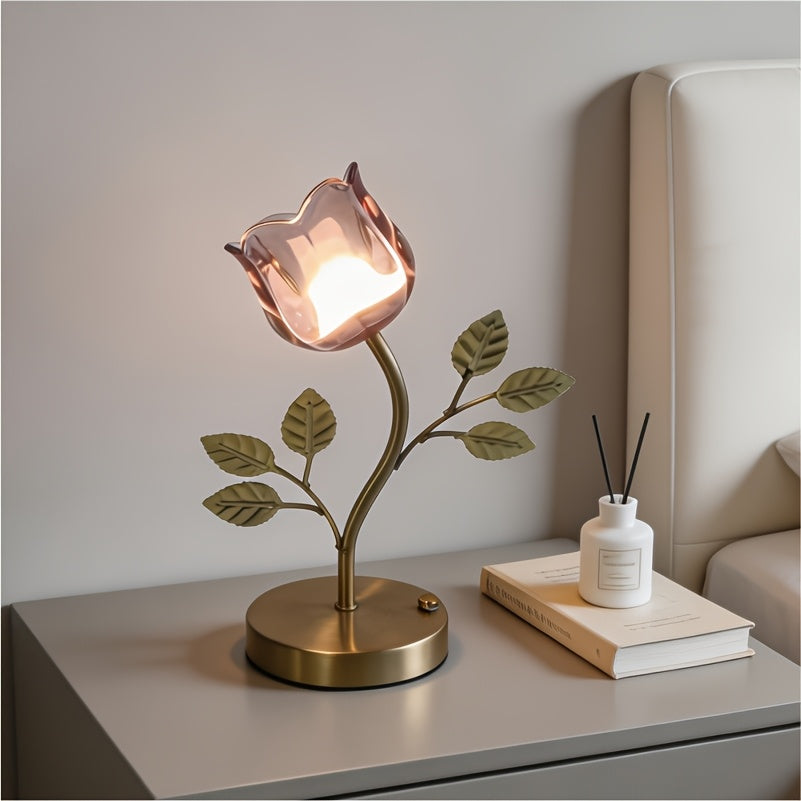 Lampe tulipe sans fil en verre, tige dorée à feuilles, tactile