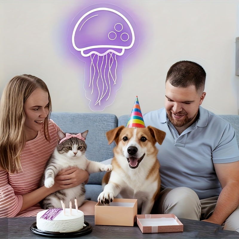 Néon LED méduse violette à accrocher au mur, 33 x 22 cm, USB