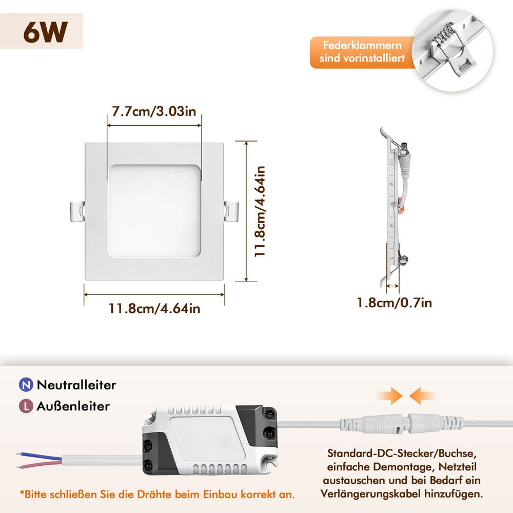 Lot de 20 spots LED encastrables carrés 6 W pour grands volumes