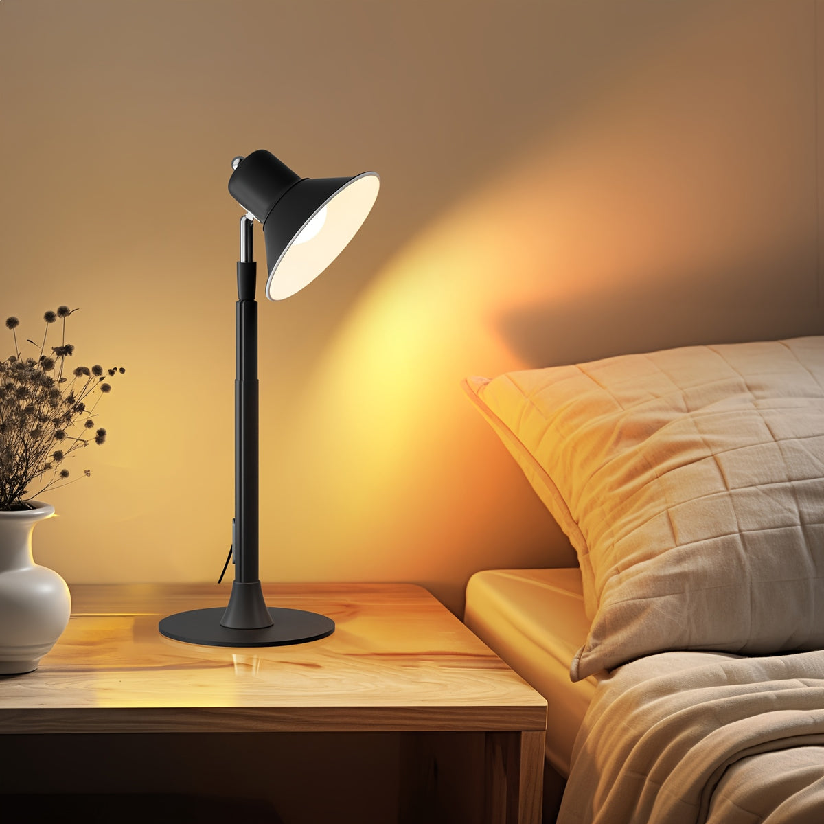 Lampadaire LED USB noir convertible en lampe de chevet, 45 à 145 cm