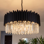 Lustre tambour noir et cristal K9, Ø 50 cm, douilles E14