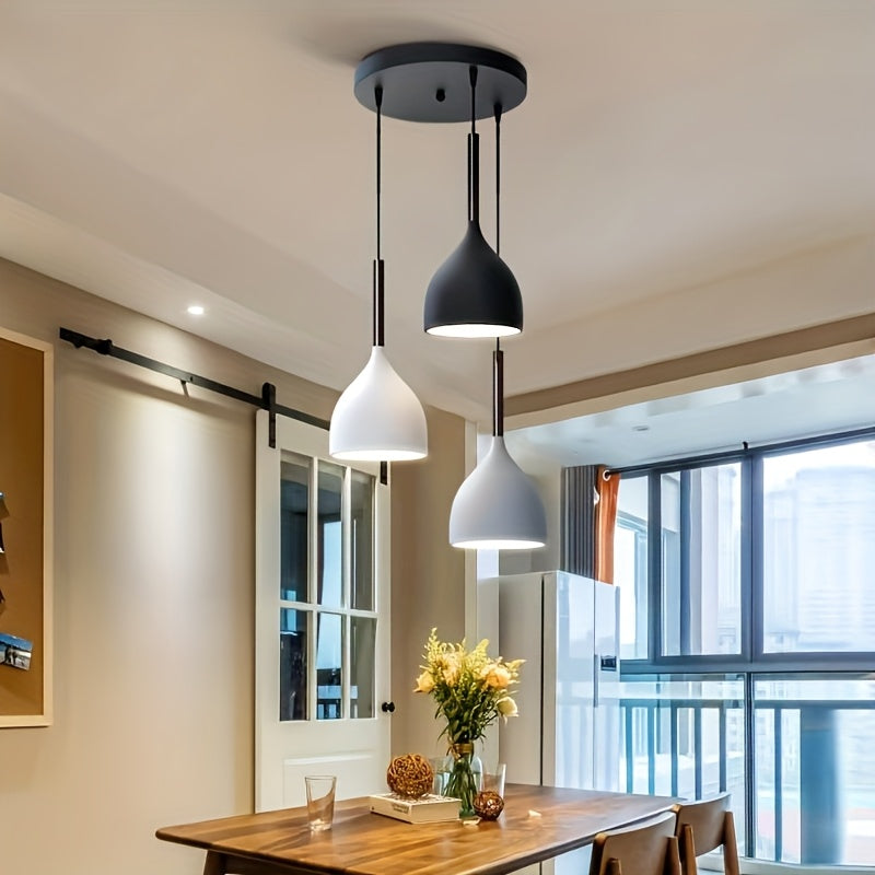 Suspension 3 gouttes en aluminium noir, blanc et gris sur rosace
