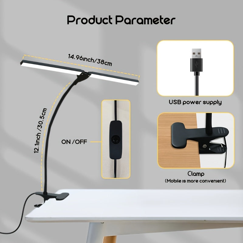 Lampe de bureau à pince double barre noire, interrupteur sur câble
