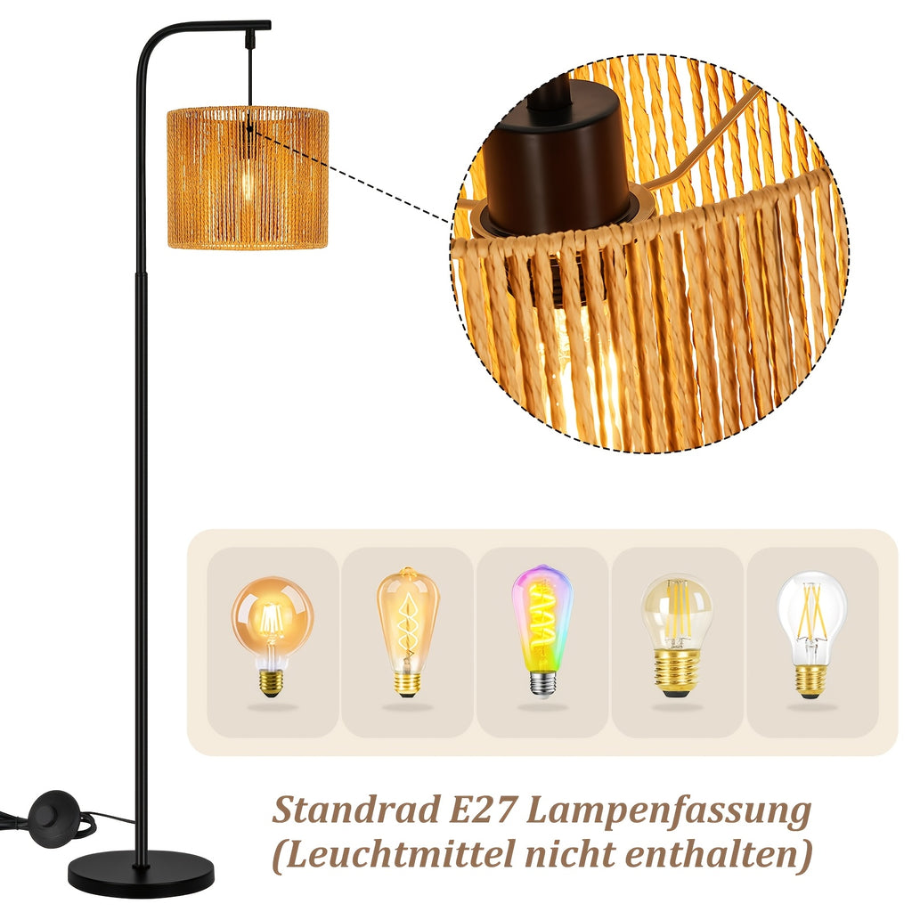 Lampadaire en papier tressé, abat-jour cylindre sur crosse noire