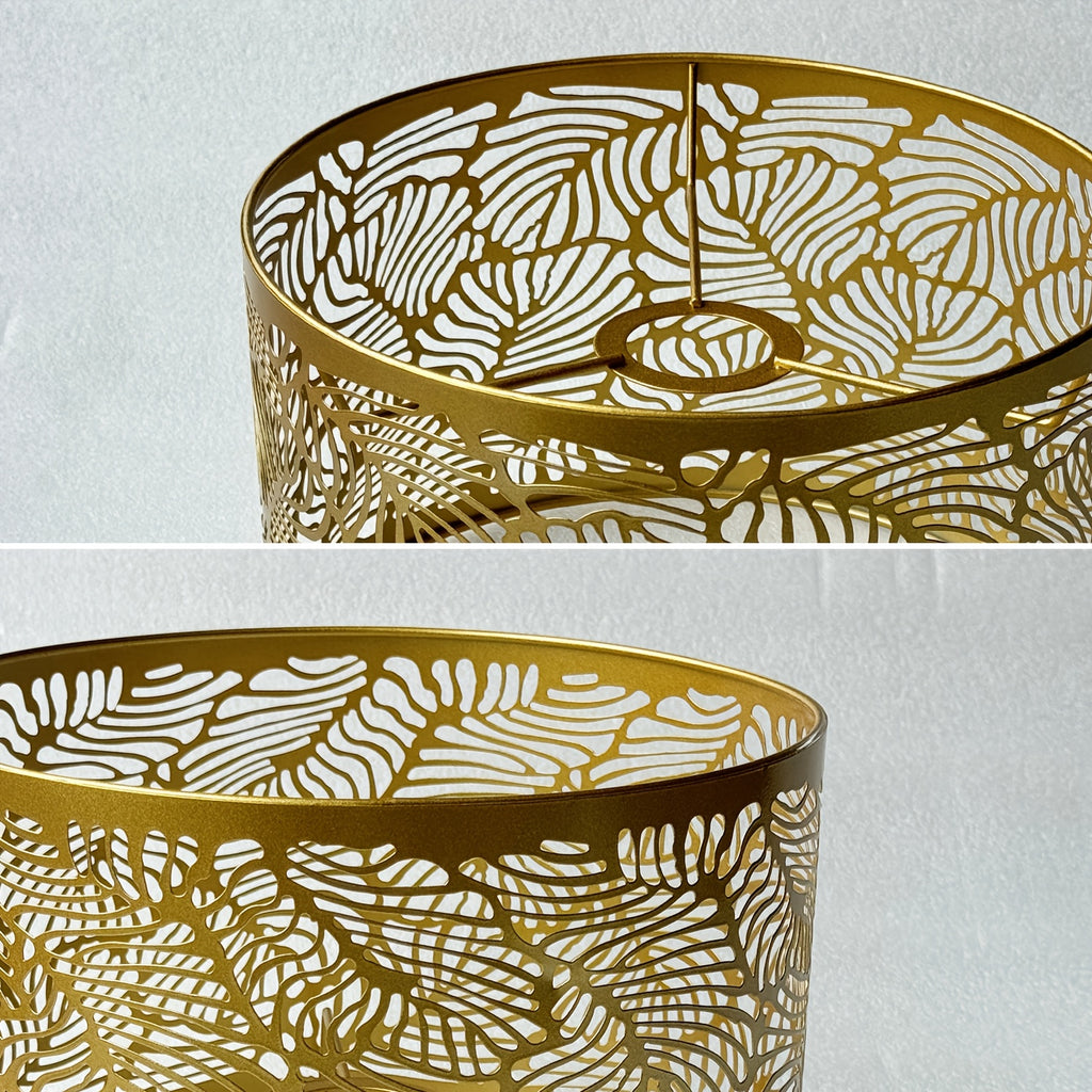 Abat-jour tambour en métal doré ajouré à motif de feuilles, Ø 25 cm