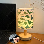 Lampe de chevet enfant à dinosaures verts, abat-jour lin, USB