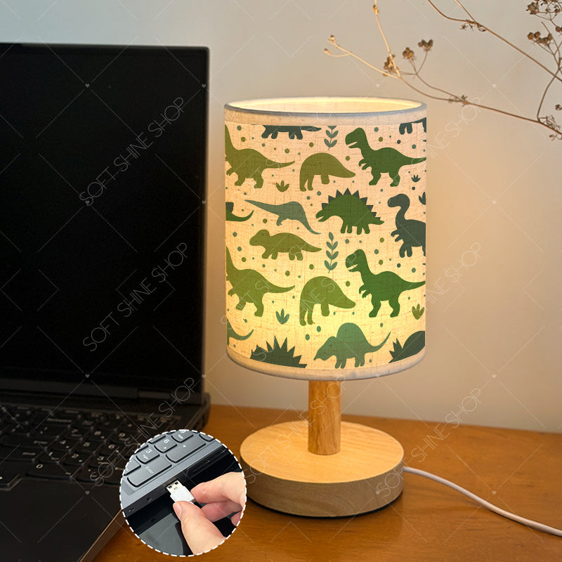 Lampe de chevet enfant à dinosaures verts, abat-jour lin, USB
