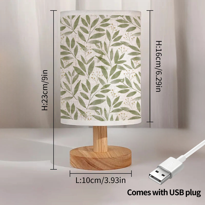 Lampe de chevet en tissu à feuillage vert, socle effet bois