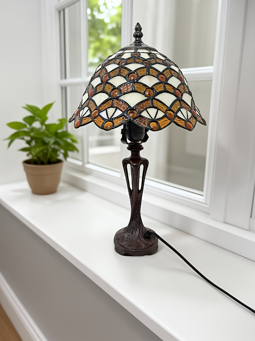 Lampe de table en vitrail ambré et ivoire, pied en résine, E27