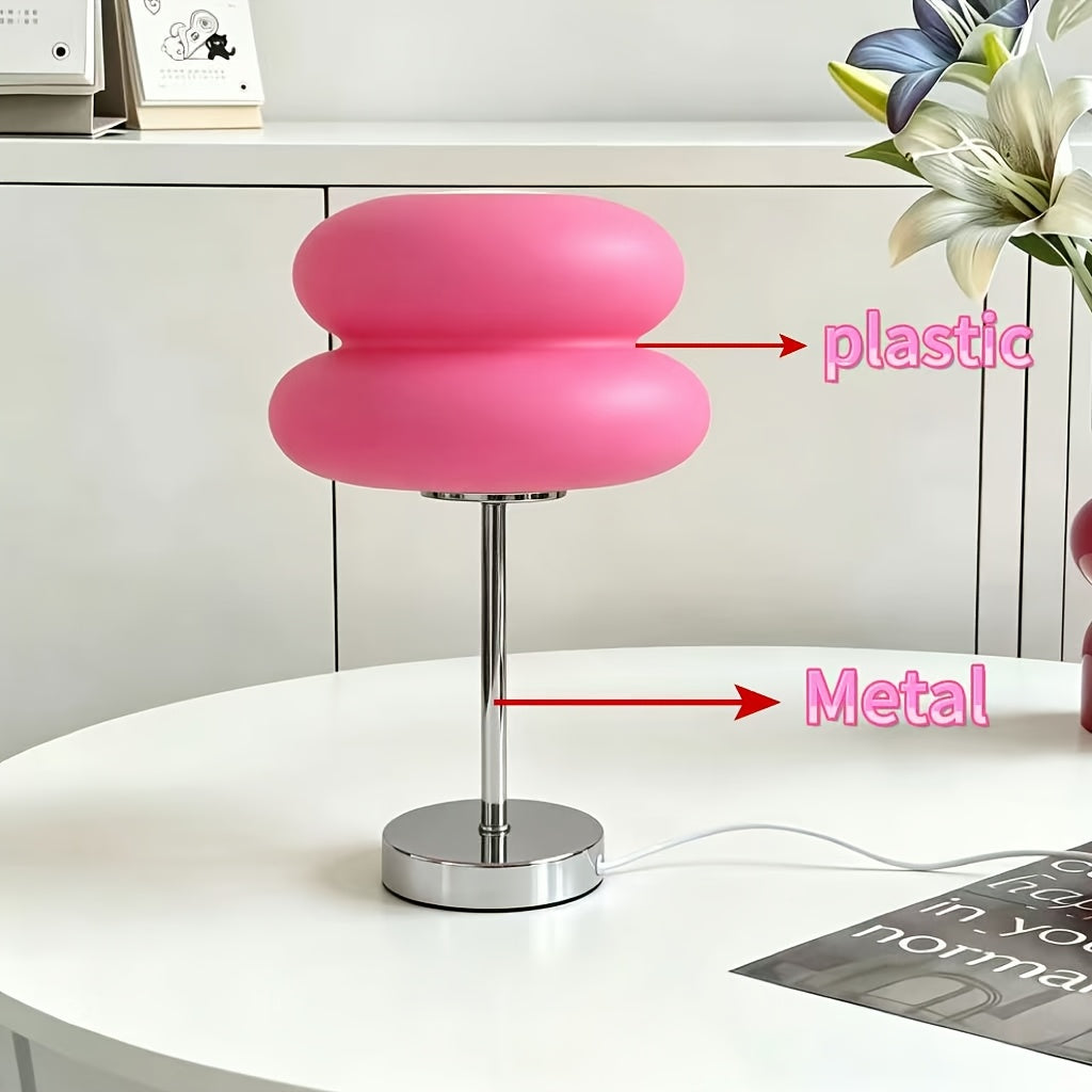 Lampe à poser rose en forme de macaron, pied chromé, 30 cm