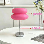 Lampe à poser rose en forme de macaron, pied chromé, 30 cm