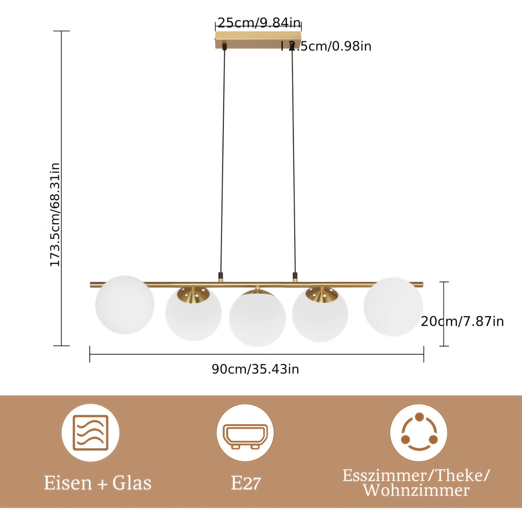 Suspension 5 globes opalins sur barre dorée de 90 cm, E27