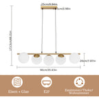 Suspension 5 globes opalins sur barre dorée de 90 cm, E27