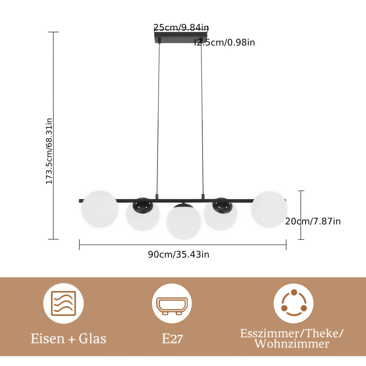 Suspension 5 globes opalins sur barre dorée de 90 cm, E27