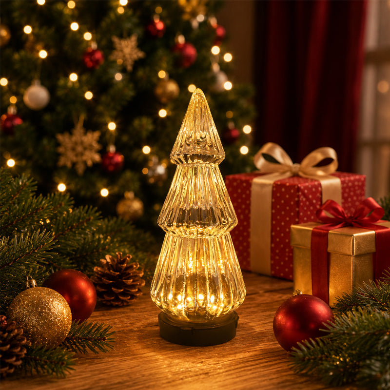 Lampe décorative solaire sapin effet verre strié, 24 cm