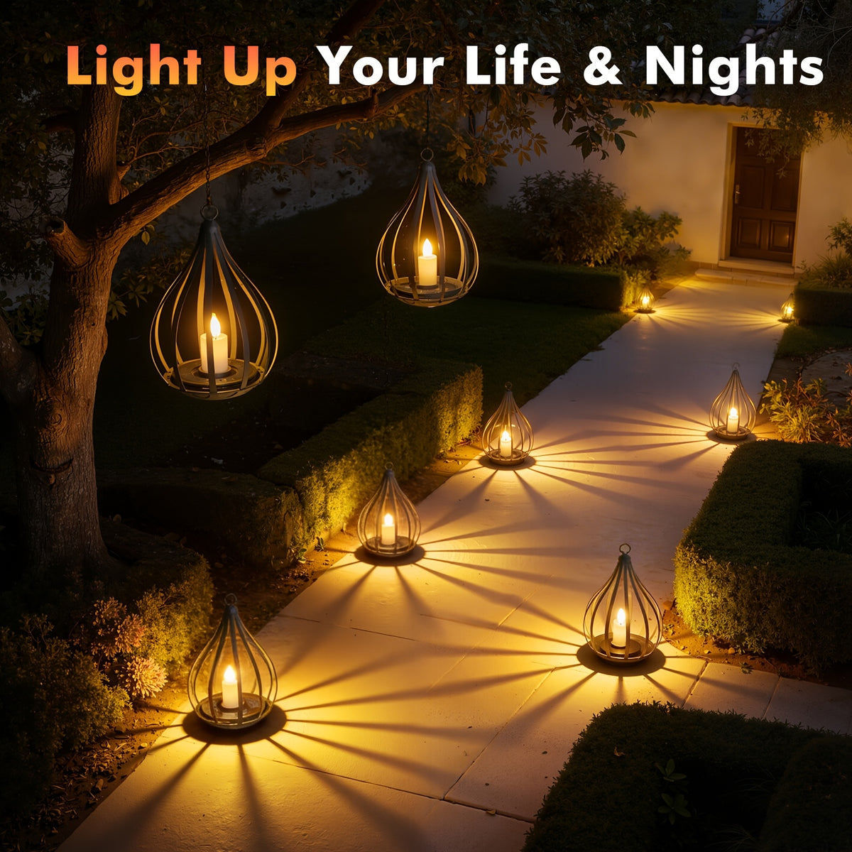 Lanterne solaire goutte en métal noir, bougie LED vacillante, IP65