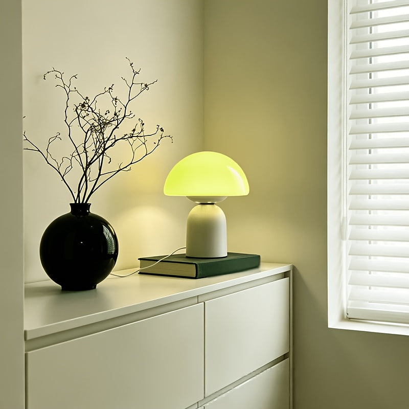 Lampe champignon en verre coloré et pied blanc, branchement USB
