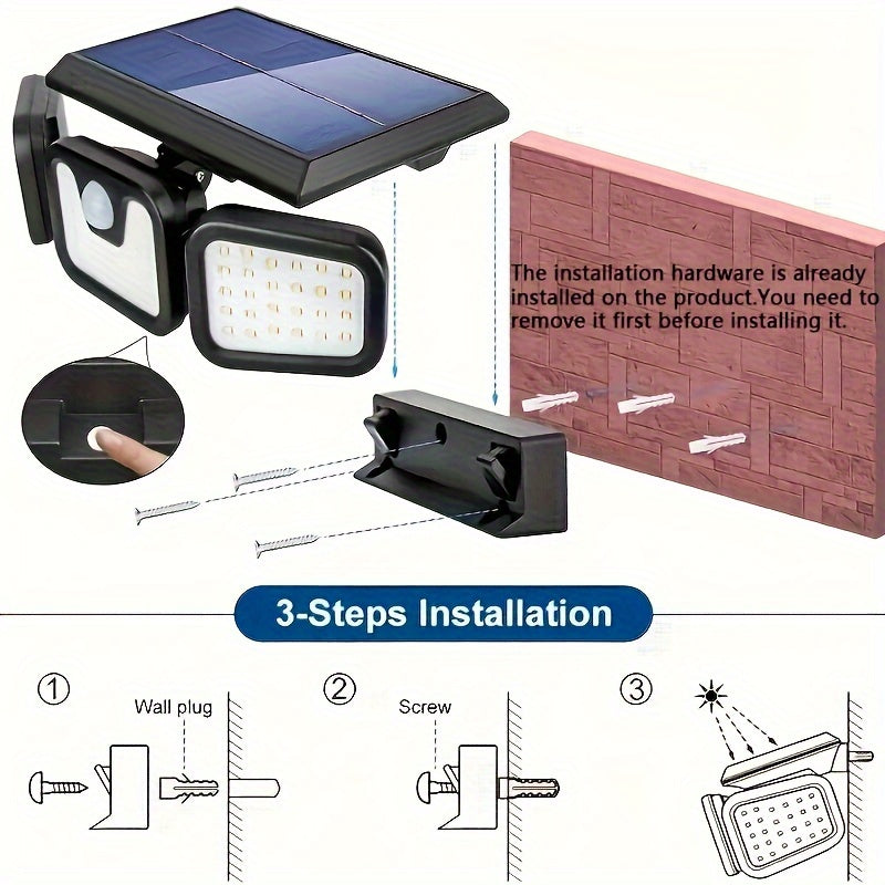 Applique solaire à trois têtes 74 LED et détecteur de mouvement