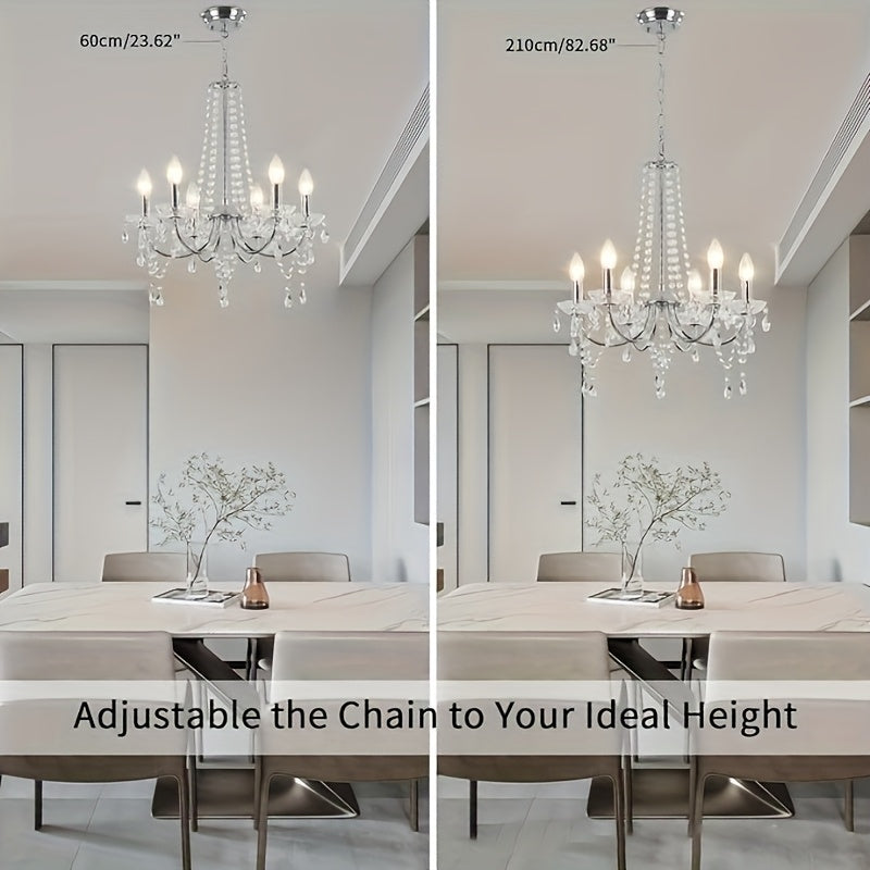 Lustre chromé à 6 bras et pampilles de cristal, douilles E14