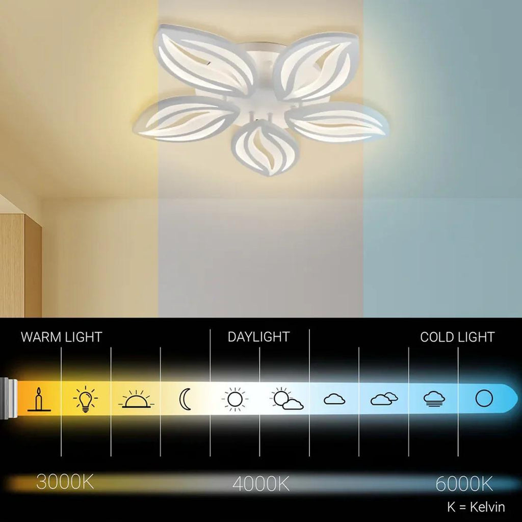 Plafonnier LED à cinq pétales blancs, Ø 53 cm, télécommande, 65 W