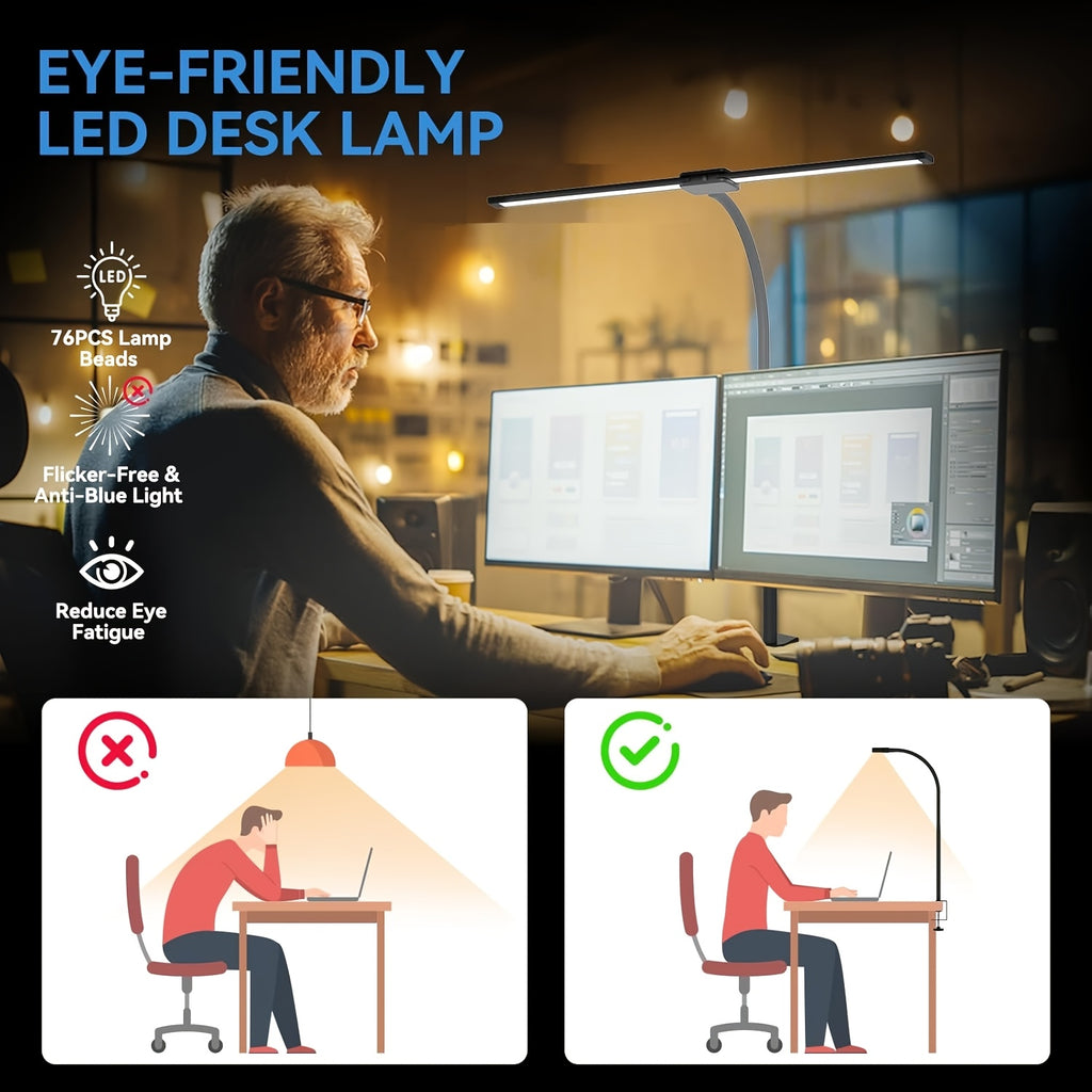 Lampe de bureau à pince à double tête LED de 61 cm, tactile, USB