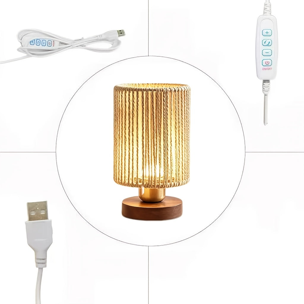 Lampe de chevet cylindre de corde, variateur USB et socle teinte noyer