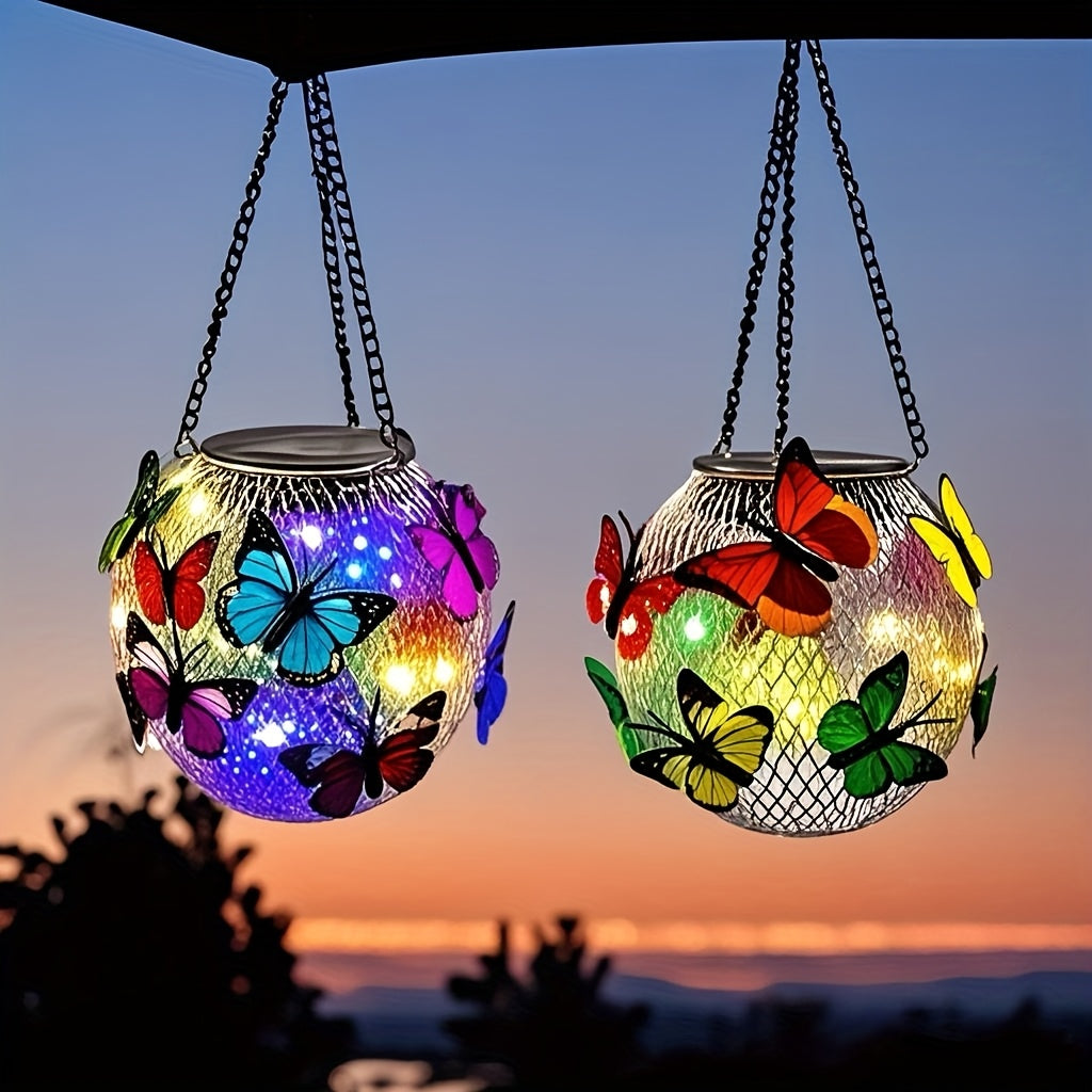 Lot de 2 lanternes solaires boules à papillons, à suspendre, IP65