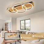 Plafonnier LED en bois à trois anneaux, 70 cm, avec télécommande