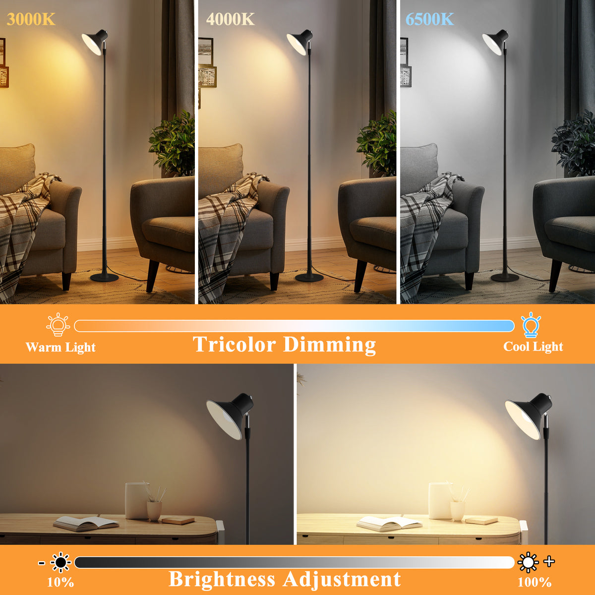 Lampe de sol LED noire orientable, hauteur réglable de 45 à 145 cm