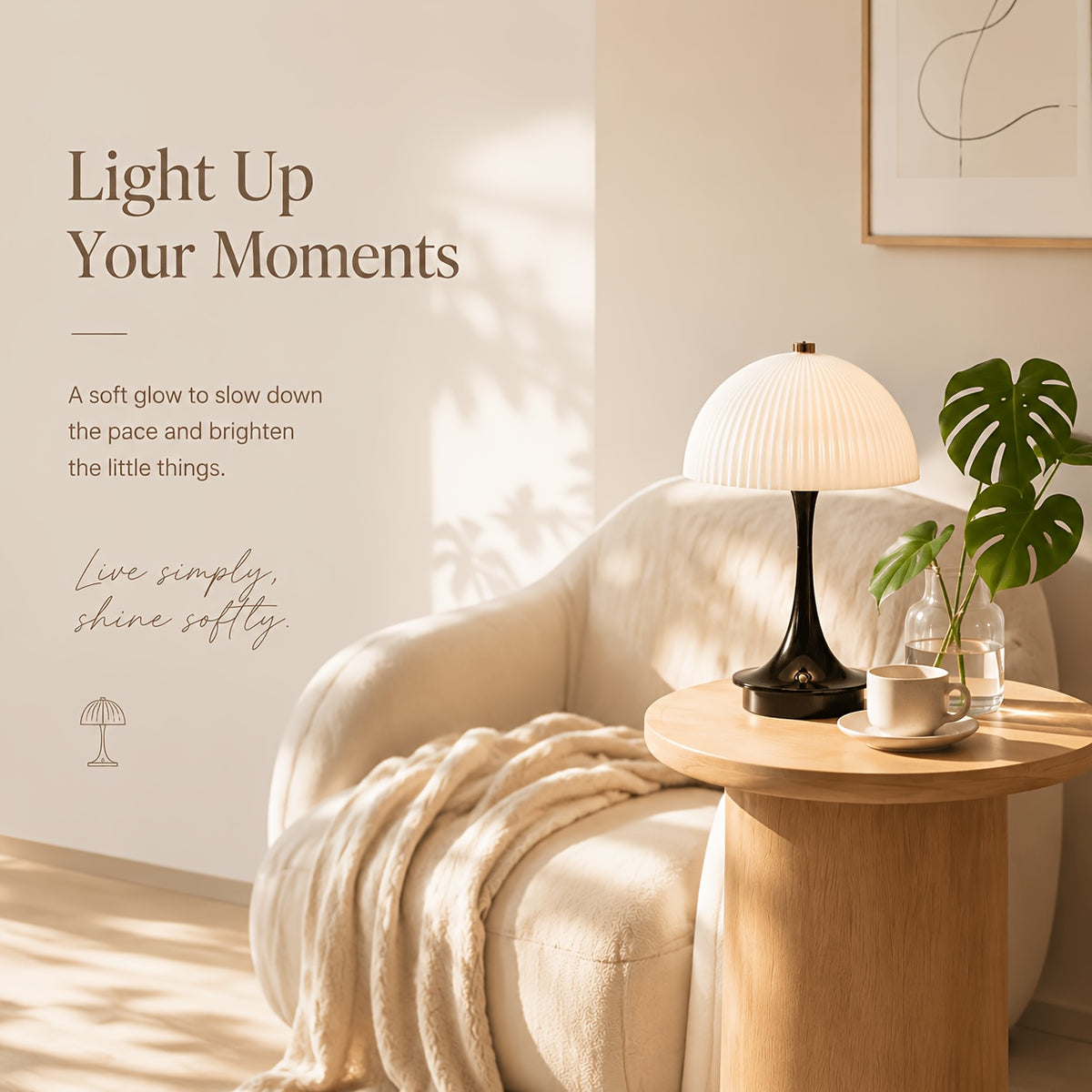 Lampe champignon sans fil à dôme nervuré, pied noir, blanc ou orange