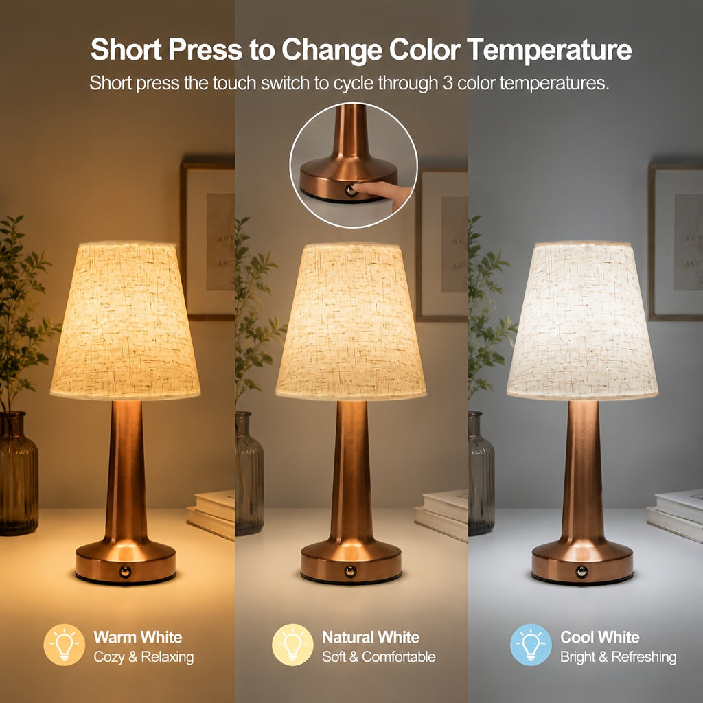 Lampe sans fil à abat-jour en tissu, pied cuivré, argenté ou doré