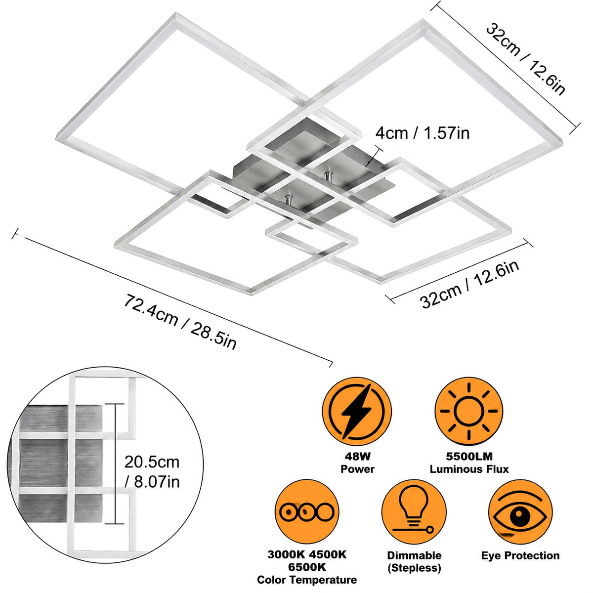Plafonnier LED à quatre cadres carrés, 72,4 cm, noir, argenté ou blanc