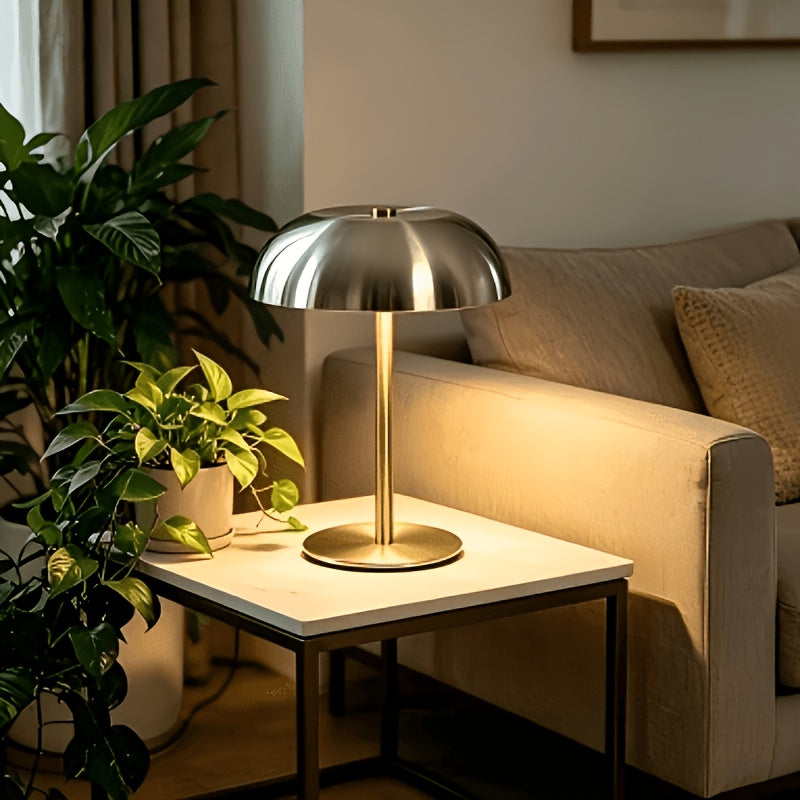 Lampe à poser champignon dorée sans fil, dôme métal et touche tactile