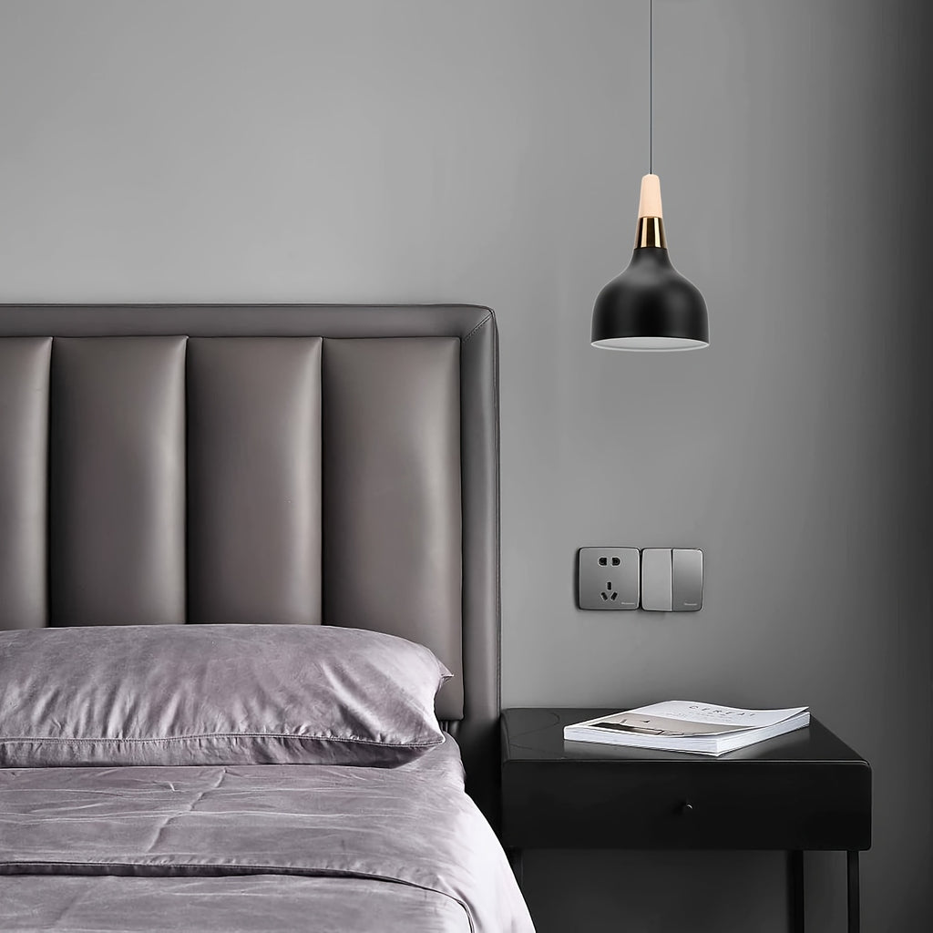 Suspension cloche noire mate à col effet bois et anneau doré, Ø 15 cm