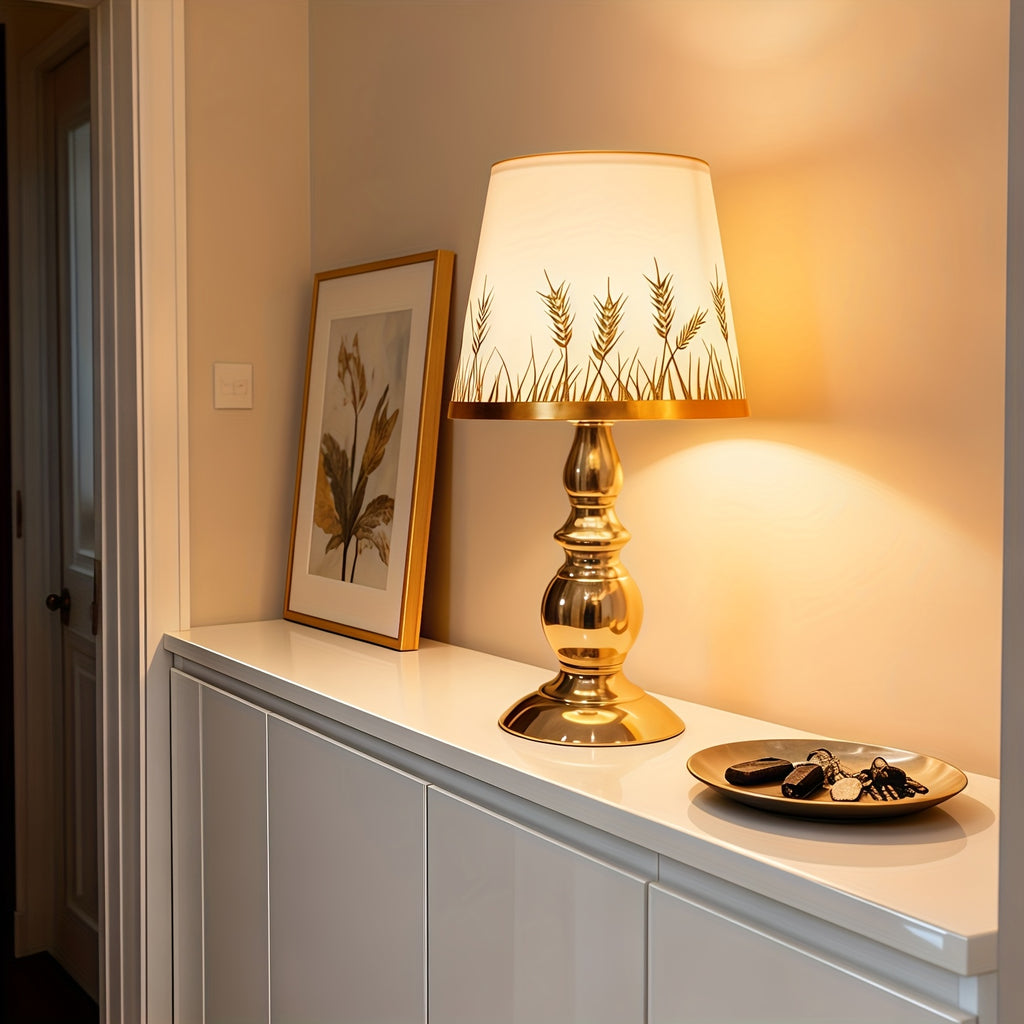 Lampe de chevet abat-jour épis de blé, pied balustre poli et LED