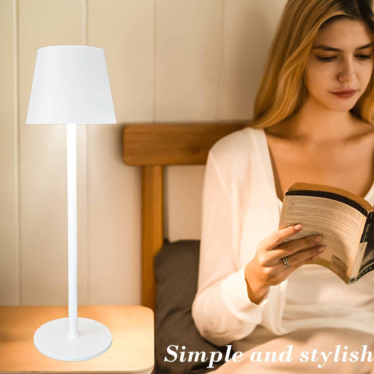 Lampe de table LED sans fil à abat-jour évasé, blanche ou champagne