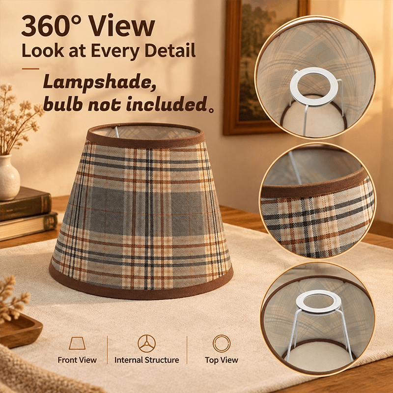 Abat-jour conique tartan gris et rouille, bordure chocolat, Ø 20 cm