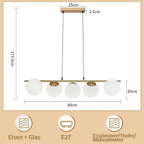 Suspension 5 globes en verre opalin, barre de 90 cm noire ou dorée