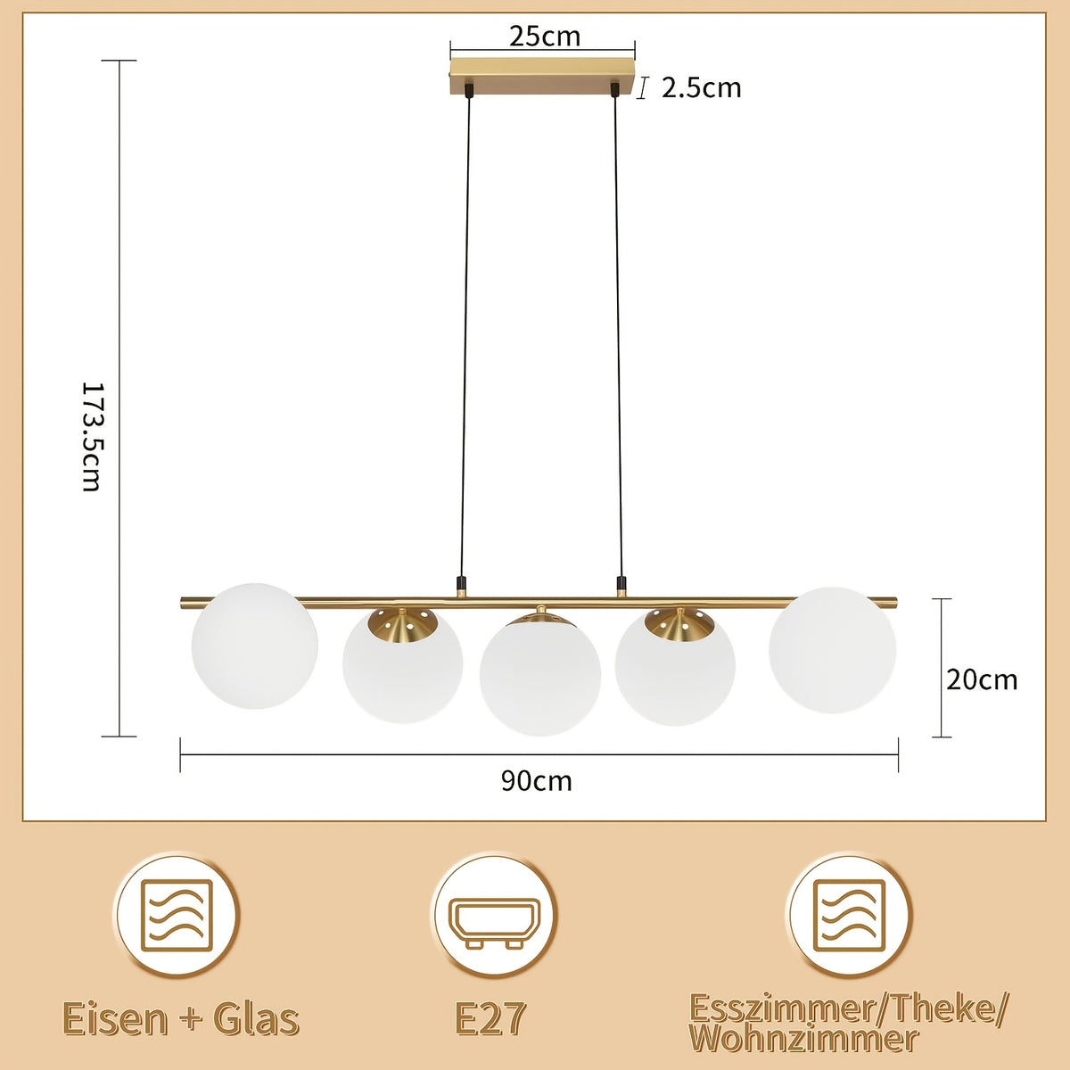 Suspension 5 globes en verre opalin, barre de 90 cm noire ou dorée