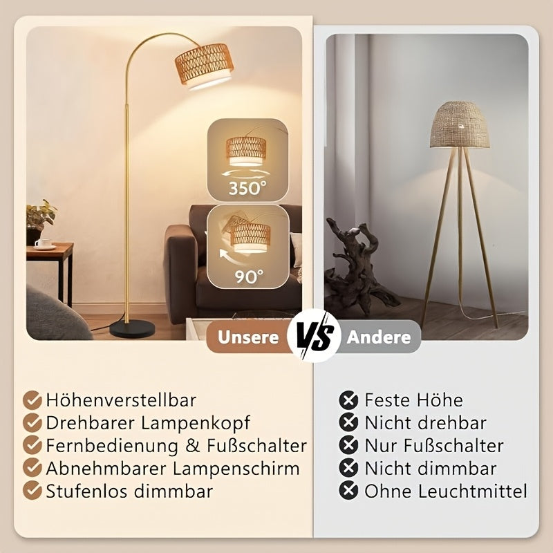 Lampadaire arc à abat-jour en rotin tressé, télécommande, 180 cm