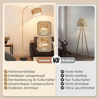 Lampadaire arc à abat-jour en rotin tressé, télécommande, 180 cm