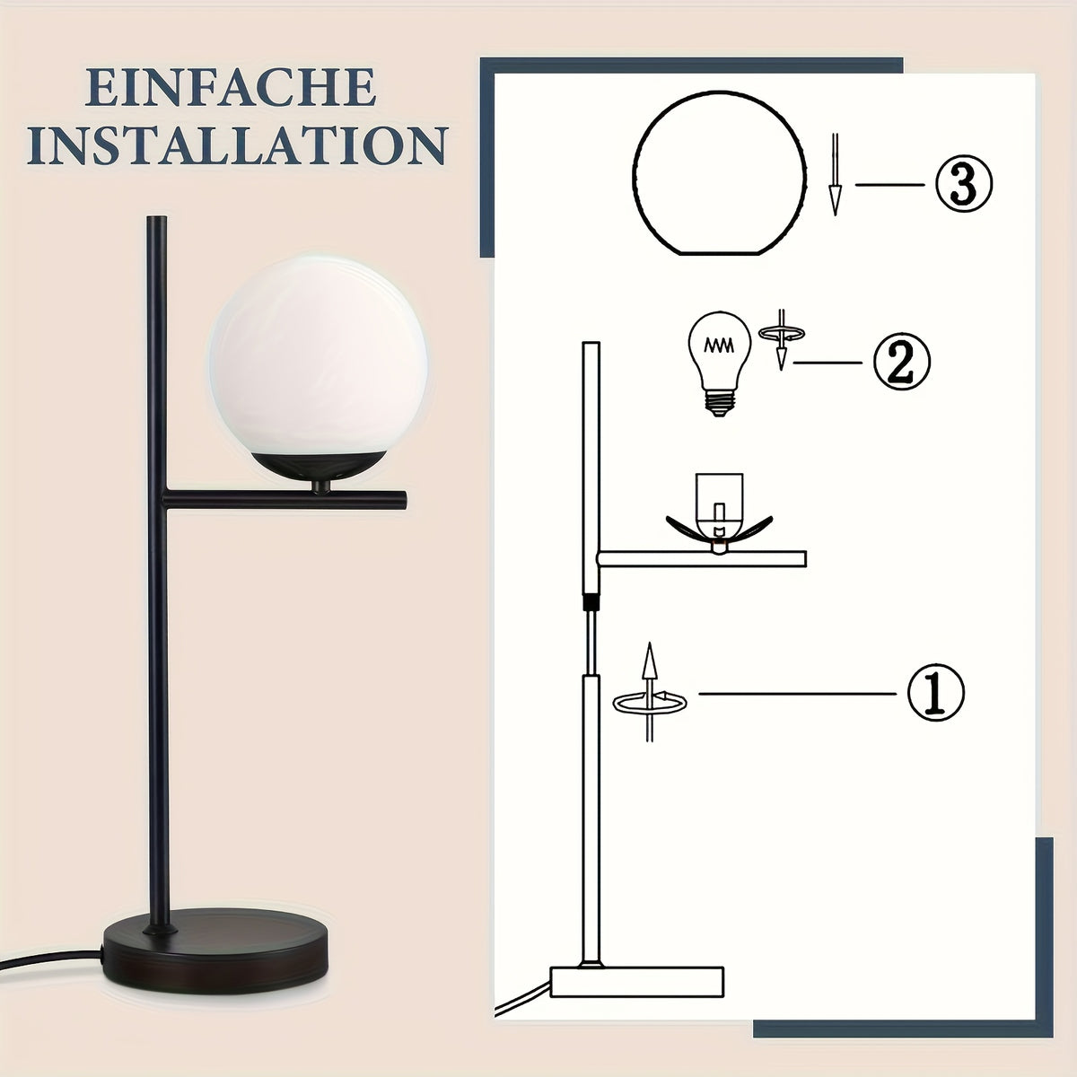 Lampe de chevet globe en verre opalin sur tige noire ou dorée, E27