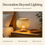 Lampe de chevet globe en bambou tressé sur socle bois, 20 cm