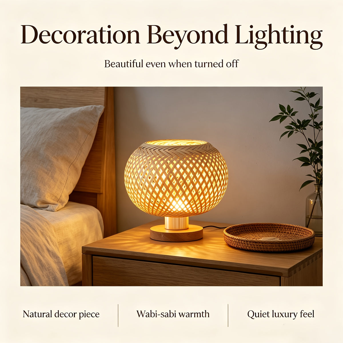 Lampe de chevet globe en bambou tressé sur socle bois, 20 cm