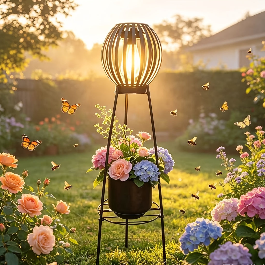 Lampadaire solaire rétro à boule ajourée sur trépied porte-fleurs