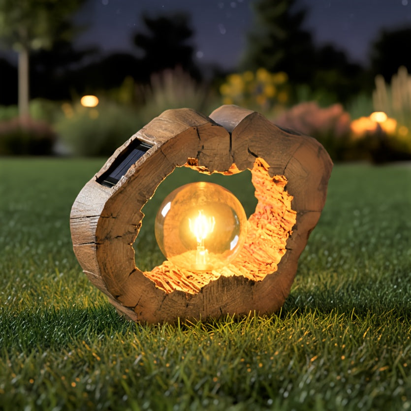 Lampe solaire tronc d'arbre creux en résine, globe à filament