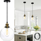 Suspension globe en verre transparent, douille rétro noir et laiton