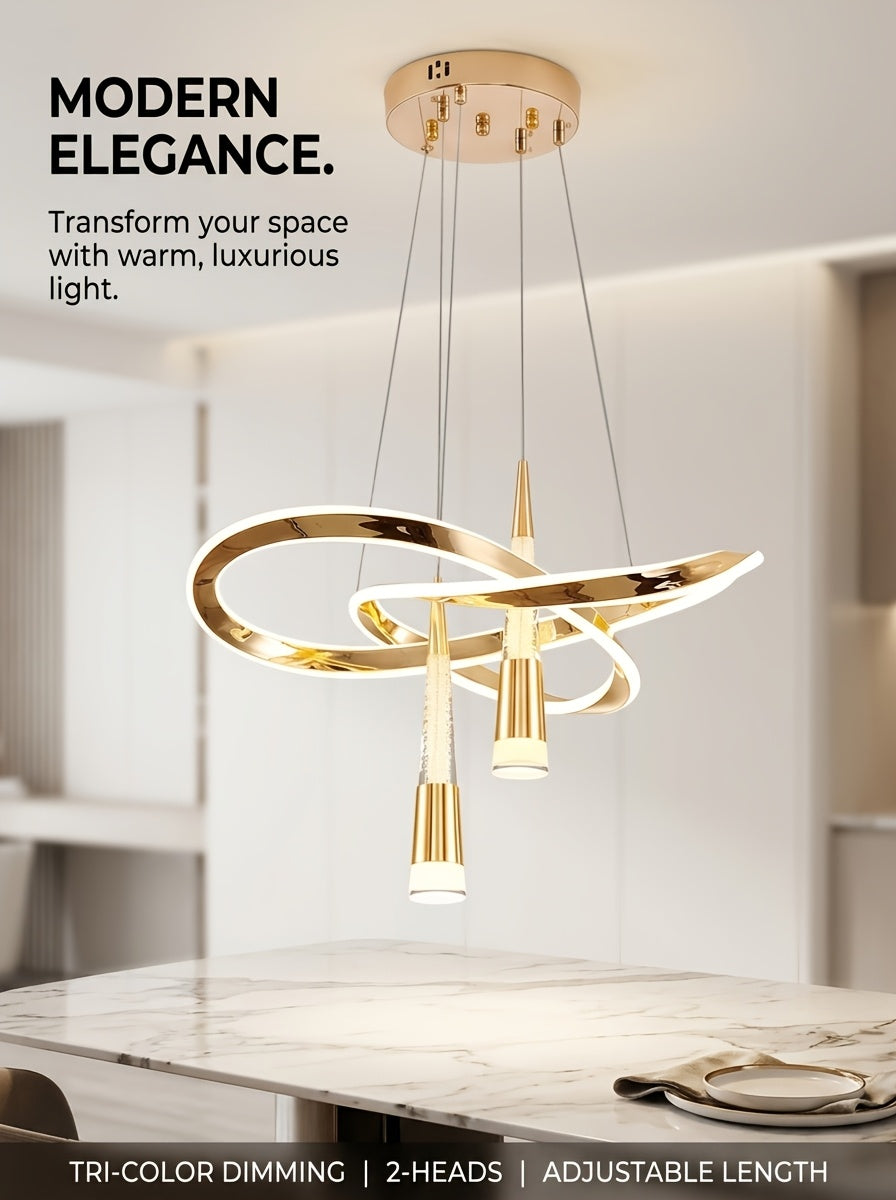 Lustre LED doré à rubans entrelacés et deux cônes, trois teintes